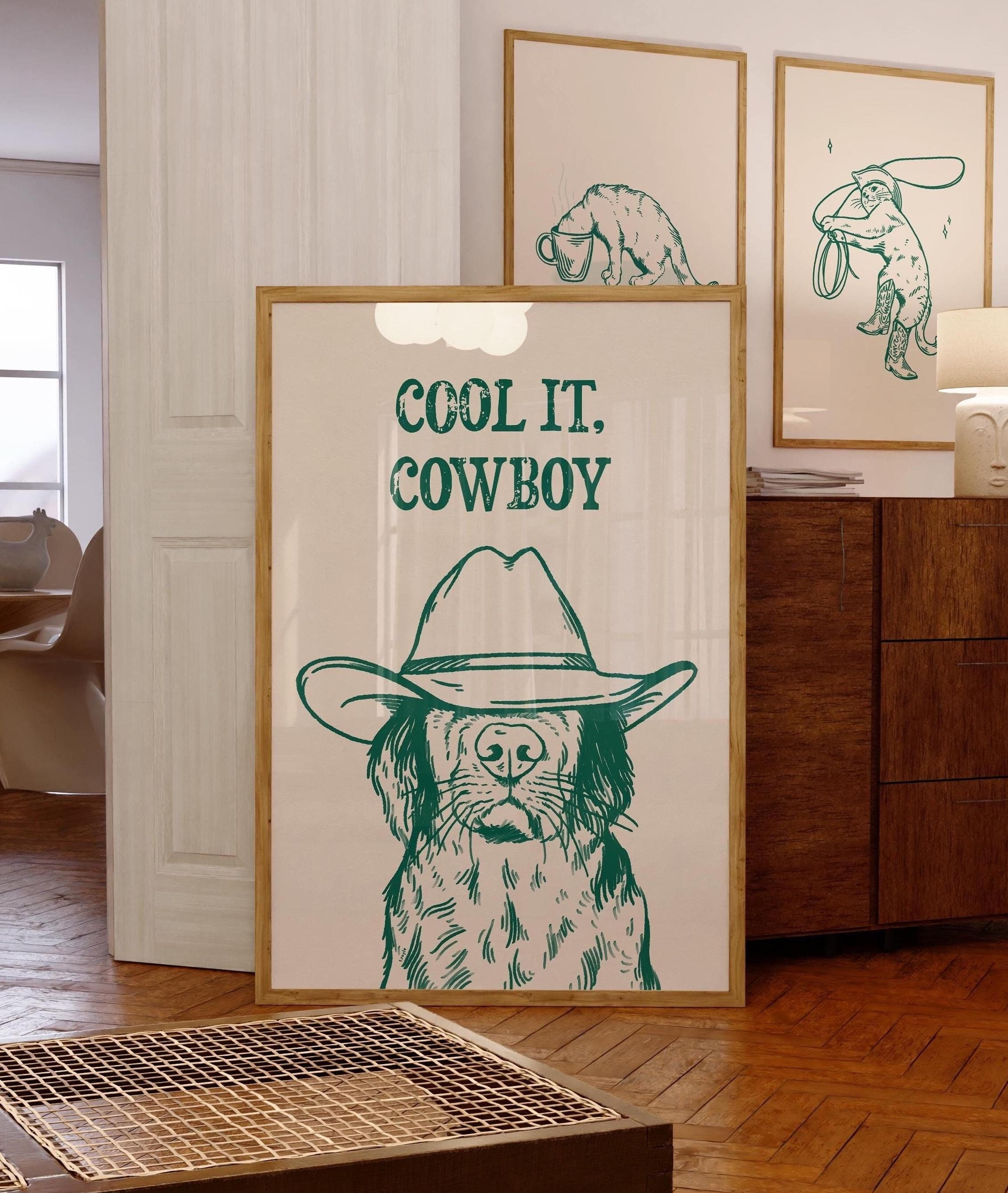 cool it cowboy green art print | retro print | vintage art | green wall art dog | western dog print | trendy decor | digital download | art