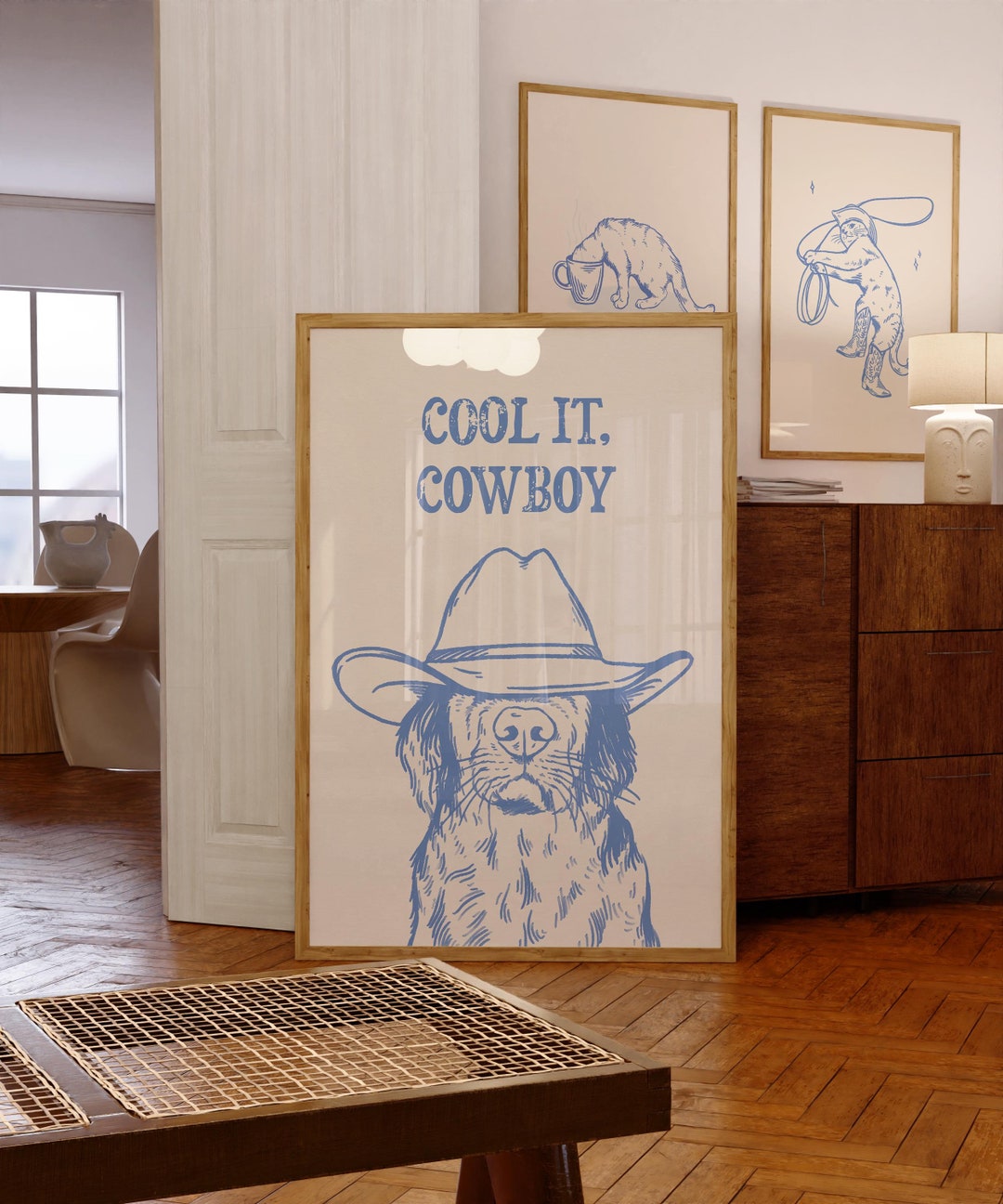 cool it cowboy art print | retro print | vintage art | blue wall art dog | western dog print | trendy decor | digital download | funky art |