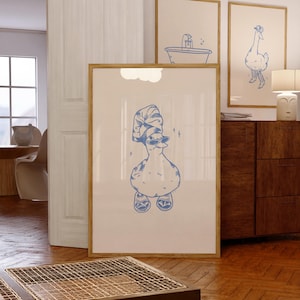 imprimé bleu canard cool en chaussons | oeuvre d'art tendance pour la salle de bain | impression rétro | affiche de canard | oeuvre d'art vintage | art mural rose | art original | imprimé canard |