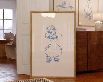 cool duck in slippers art print blue | retro print | vintage art | bathroom wall art | duck print | trendy decor | blue bathroom wall decor