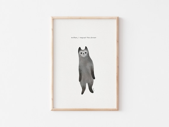 Funny Black Cat Print: 'Dinner Time' Cat Humor Art (Digital Download)