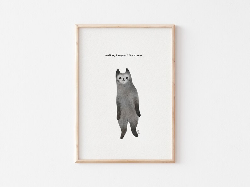 funny printable watercolour cat art, digital download cat art, printable cat art, humour art, cat wall art, funny cat art, unique wall art, weird wall art, weird art, quirky art, black cat print, black cat art,