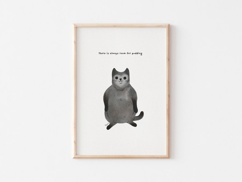 funny watercolour cat print, fat cat print, fat cat art, chunky cat art, chonky cat, food art print, humour art, cat wall art, funny cat art, unique wall art, weird wall art, weird art, quirky art, black cat print, black cat art,