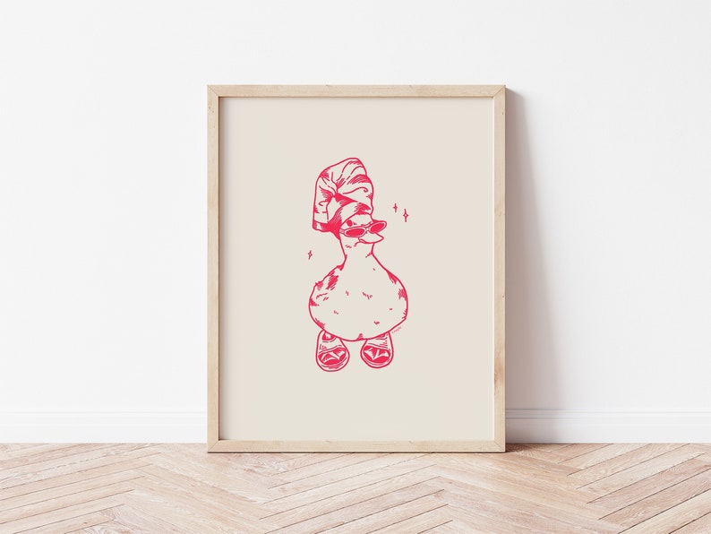 Puede incluir: Un dibujo de l&iacute;nea rosa de un pato con gafas de sol y un sombrero, con destellos a su alrededor. El pato lleva sandalias.