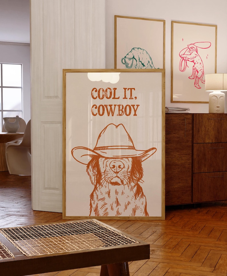 dog art, western print, dog print, cool it cowboy print, Labrador print, dog wearing hat art, western dog art, western dog print, cowboy dog art print, cowboy dog print, dog poster, western poster, cowboy print, cowboy art, retro art, retro orange
