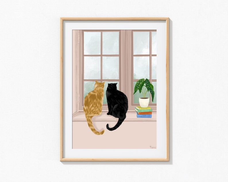 Two Cats Looking Outside Window, Beautiful Wall Art of Cats Sitting on Window sill, Black Cat Art, Ginger Cat Print, Ginger Cat Art, Plant, 画像 1