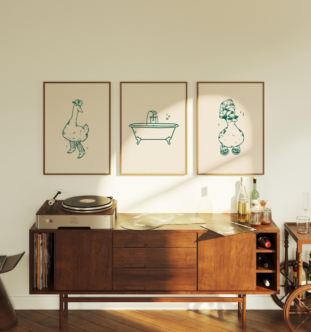 Retro Bath Duck Print Set: Green Bathroom Wall Art (digital Download ...