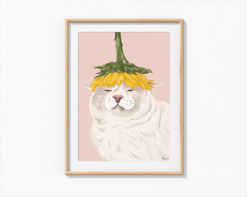 Flower Cat Print, Cat Art, Sunflower Cat Print, Cute Cat Art, Funny Cat Print, Cat Poster, Funny Cat Art, Cat Lover Gift, Cute Art, Flower image 1