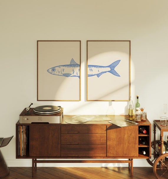 Blue Sardine Art Print Set: Retro Fish Poster, Kitchen & Bath (Digital Download)