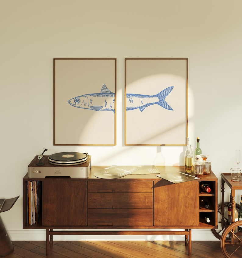 sardine art print, fish poster, retro fish art, retro poster, retro art print, retro print fish, kitchen wall art, bathroom wall art, blue sardine print, fish wall art, fish art poster, fish print set, fish poster set, vintage poster, vintage print,