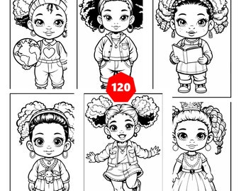 120 Cute Black Girls Coloring Pages, Black Woman, Cute Kawaii girls Coloring, Digital Download, PNG, PDF, EPS, Printable.
