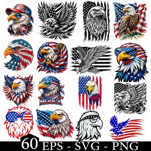 May include: A set of 12 digital design files featuring a bald eagle with American flag elements. The eagle is depicted in various poses, including flying, perched, and holding the flag. The designs are perfect for creating patriotic crafts, apparel, and home decor.