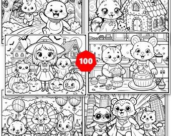 Kawaii kleurplaten, 100 pagina's, leuke kleurplaten, voor kinderen en volwassenen, kawaii afdrukbare, digitale download, afdrukbaar, svg, pdf, jpg, eps,