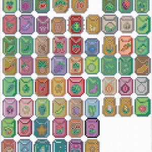 Peut inclure: Une grille de motifs de sachets de graines pixelisés colorés. Chaque sachet présente un fruit ou un légume différent, notamment des fraises, des tomates et des aubergines. Les sachets sont de différentes couleurs, dont le vert, le rouge et le violet.