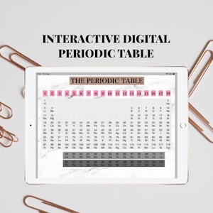 May include: A digital periodic table on a tablet screen. The table is color-coded with pink and gray squares. The title "THE PERIODIC TABLE" is displayed at the top of the screen.