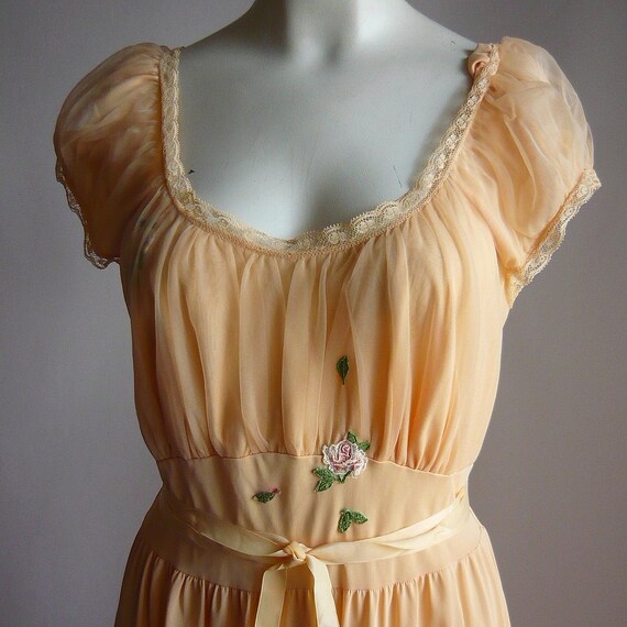 Vintage 60s Romantic Two Piece Nightgown Set Size Small Medium 34 Bust Floor Length Gown And Long Sleeve Robe Peach Orange Nylon