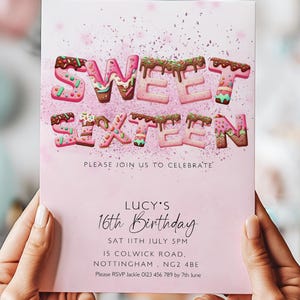 Sweet 16 Geburtstagseinladung - lustiges rosa Schokoladentropfendesign - Bearbeitbare digitale Partyeinladungsvorlage zum sofortigen Download
