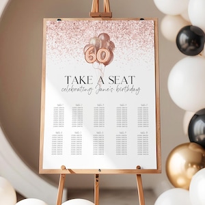 60th Birthday Seating Chart Rose Gold, Printable Table Plan, Editable Party Sign Template, Digital Download via Corjl, Blush Glitter Design