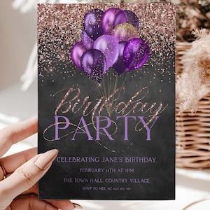 Purple Birthday Invitation Purple Balloons Chalkboard Editable Printable Rose Gold Glitter Invite Instant Download Editable Template Corjl