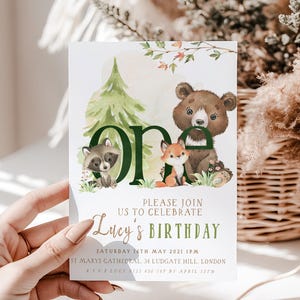 Woodland One Birthday Invitation 1st Woodland Animals Birthday Printable Invitation Forest Animals Party Invitation Template WD56