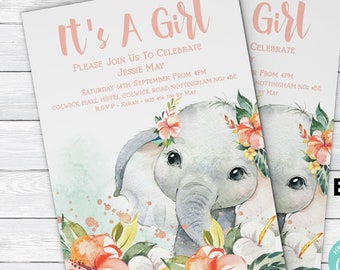 Elephant Baby Shower Invitation EDITABLE Invitation Printable Baby Shower Invite Template Baby Girl Instant Download
