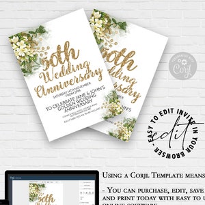 50th Anniversary Invitations Download Party Invitation Gold and Cream Floral Editable Golden Anniversary Invite Instant Download