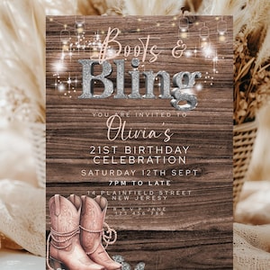 Invitación de cumpleaños con botas y brillo, editable, para fiesta de vaquera número 21, plantilla Corjl, luces brillantes estilo country western, descarga digital