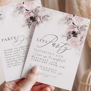 Invitation florale élégante d'anniversaire | Invitation à une fête modifiable pour tous les âges | Aquarelle rose tendre | Téléchargement instantané | Carte numérique imprimable