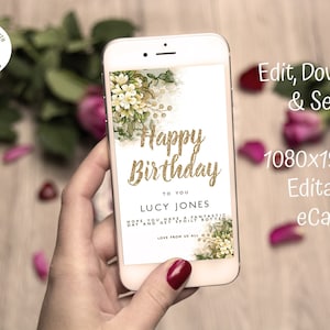 Paperless Electronic Birthday eCard Floral and Gold Glitter Digital Card Mobile Phone Happy Birthday eCard Eco Friendly Card