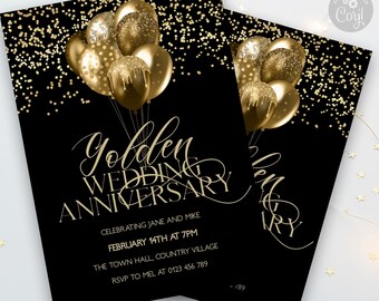 50-jähriges Jubiläum Einladung Goldene Hochzeit Bearbeitbare Einladungsvorlage Corjl 50 Jahre Party Sofortiger Download Ballon Tafel