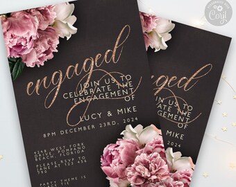EDITABLE Engagement Party Invitation Black Floral Boho Rose Gold Invite Engaged Wedding Modern Australian Printable Instant Download #LH2