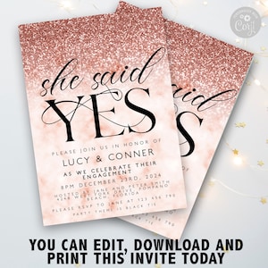 Editable Engagement Invitation She Said Yes Engagement Invite Engaged Printable Rose Gold Engagement Template Instant Download