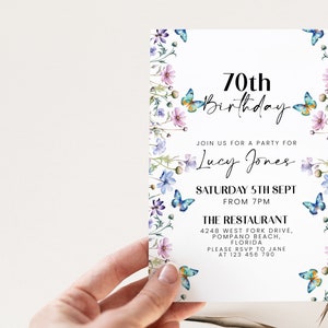 Modelo editável de convite para 70º aniversário, convite para festa com borboletas florais, download digital para mulheres, cartão de aniversário para marcos para impressão