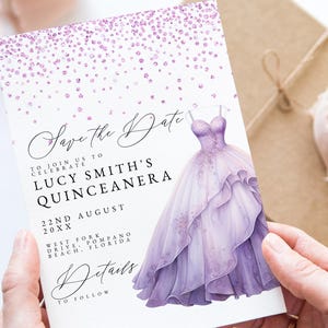 Invitación para guardar la fecha de quinceañera, invitación glamorosa con vestido lila, plantilla editable para el 15.° cumpleaños, descarga digital, tarjeta imprimible