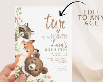 Woodland 2nd Birthday Invitation EDITABLE Gender Neutral Woodland Animals Invitations Digital Woodland Theme Invites Instant download WD56
