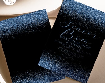 May include: A blue glitter background with black text that reads "You are invited to Senior Prom Westview High School Saturday April 30th, 2020 7:00pm-11:00pm Westview Ball Room 4248 West Fork Drive Pompano Beach Florida Party Theme: Black Tie"
