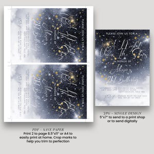 two invitation designs for a birthday party. The first design is a starry night sky background with the text "Under the stars in honor of Allison's 21st birthday" written on it. The second design is a birthday cake with the text "A starry night birthday party" written on it. The image also includes instructions for printing the designs, including a save paper option and a size for the print.