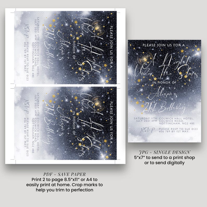 two invitation designs for a birthday party. The first design is a starry night sky background with the text "Under the stars in honor of Allison's 21st birthday" written on it. The second design is a birthday cake with the text "A starry night birthday party" written on it. The image also includes instructions for printing the designs, including a save paper option and a size for the print.