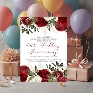 Burgundy 40th Wedding Anniversary Invitation Download – Ruby Red Floral Digital Download Invite, Elegant Printable Template