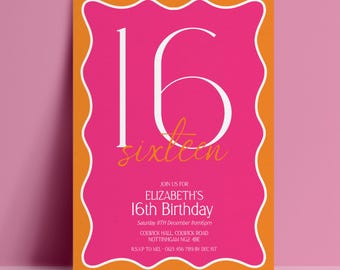 16th Birthday Invitation Template Sweet 16 Printable Template, Pink Orange Invite, Editable Digital Download