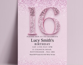 Sweet 16 Invite Pink Glitter Invitation: Glamorous Milestone Birthday, Editable Digital Template (5x7, Printable)