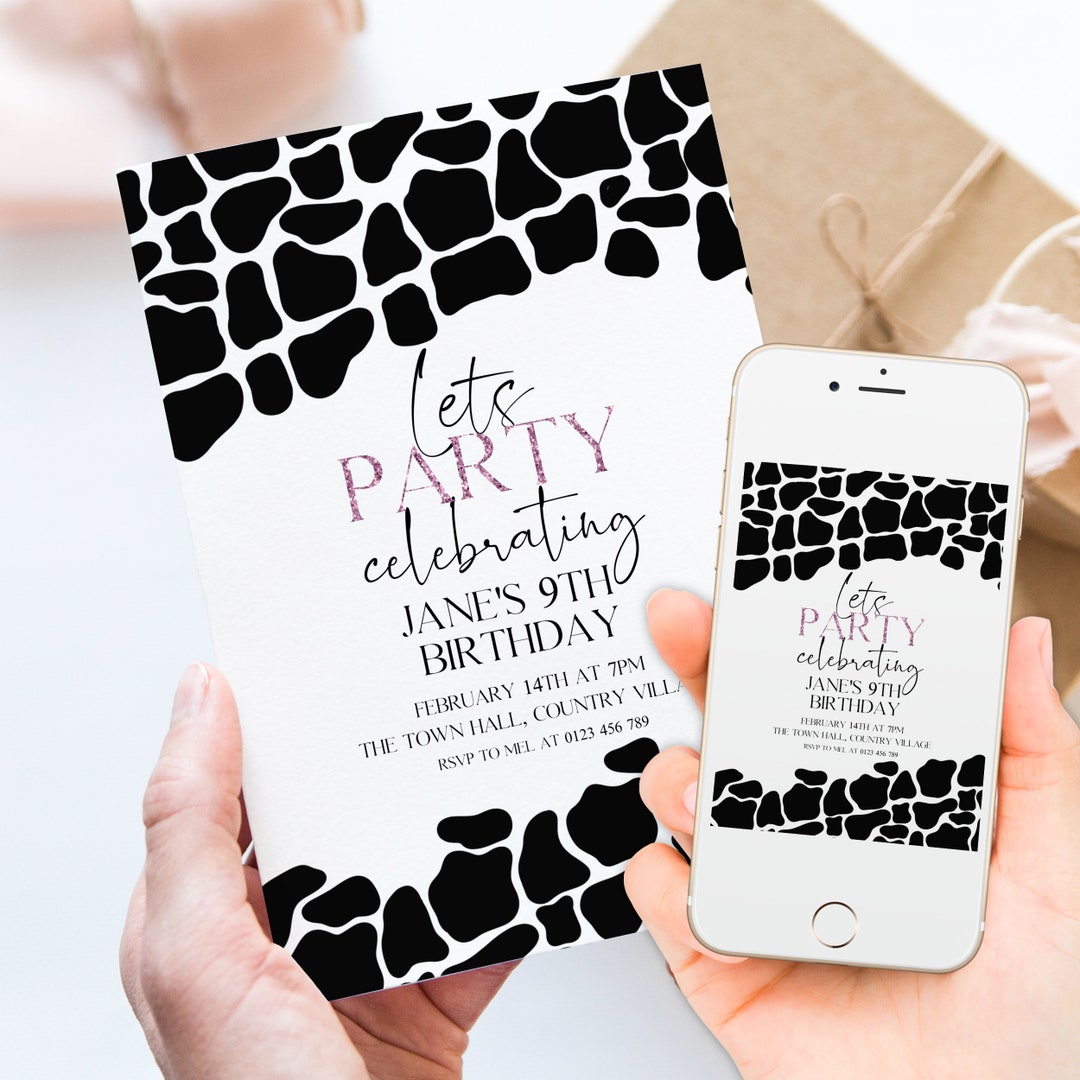 Editable Cow Print Party Invitation Black Cow Pattern Birthday Invite ...