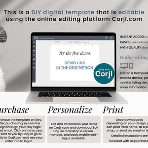 May include: A laptop screen displaying a digital template for a DIY project. The template is editable using the online editing platform Corjl.com. The text on the screen reads "Try the free demo. DEMO LINK IN THE DESCRIPTION".