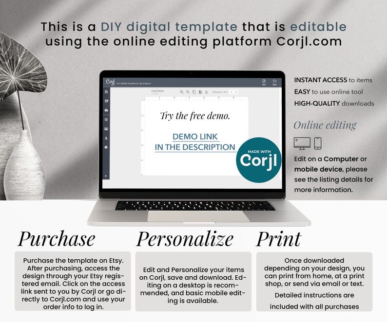 May include: A laptop screen displaying a digital template for a DIY project. The template is editable using the online editing platform Corjl.com. The text on the screen reads "Try the free demo. DEMO LINK IN THE DESCRIPTION".