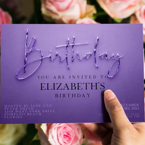 Purple Birthday Elegant Invitation Birthday Party Simple Invitation Purple Ombre Liquid Metal Invitation image 3