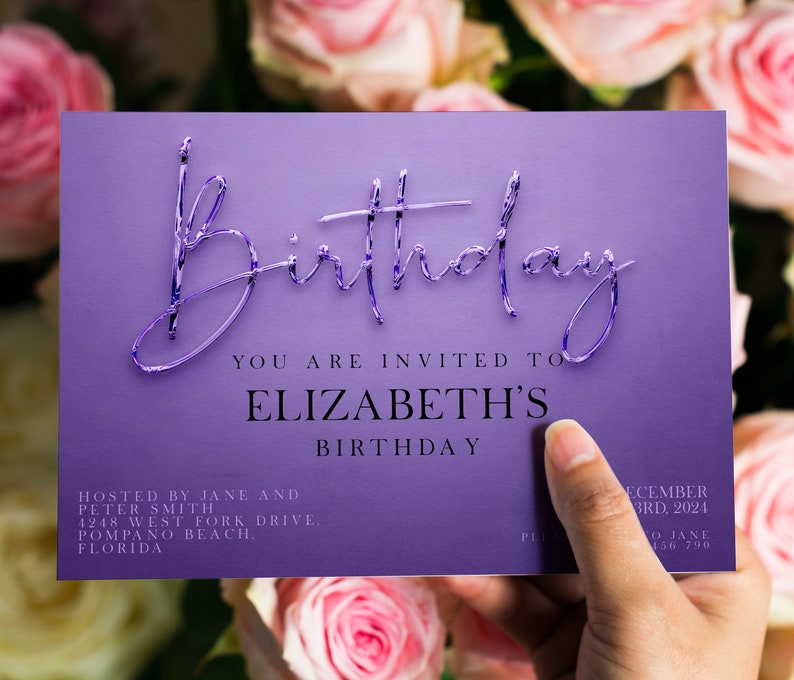 Purple Birthday Elegant Invitation Birthday Party Simple Invitation Purple Ombre Liquid Metal Invitation image 3