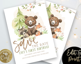 Woodland Save the Date  Invitation EDITABLE Gender Neutral Woodland Animals Invitations Digital Instant download WD56