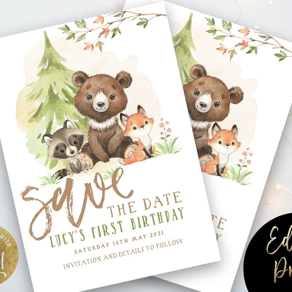 Woodland Save the Date  Invitation EDITABLE Gender Neutral Woodland Animals Invitations Digital Instant download WD56