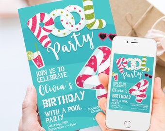 4th Birthday Editable Swim Party Invitation For Girls, Summer Party Invitation Pool Party Invite Printable Template Instant Download PL01