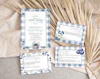 Blueberry Invite Baby Shower Bundle: Berry Sweet Printable Set, Soft Blue Gingham & Berries (Editable Invitation, Diaper Raffle, Thank You)